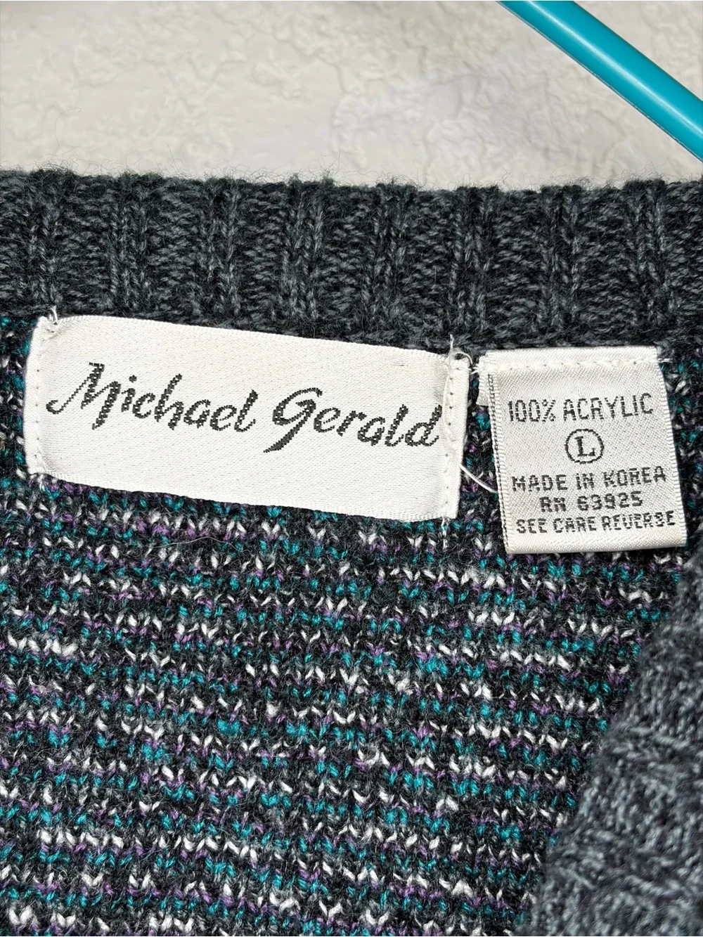 Vintage 90s Michael Gerald Sweater Gray Blue Geometric Knit Retro Dad Mens Large